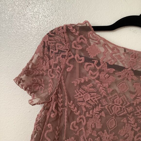 Ro & De Nordstrom Boho Hippie Pink Lace Mesh Embroidered Top Small - Picture 8 of 10